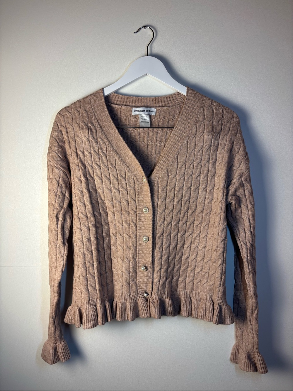 Cotton Emporium Taupe Cable-Knit Ruffle Hem Cardigan from Nordstrom Rack, XL